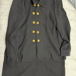 Leslie Fay Black Pea Coat with Gold Buttons and matching skirt